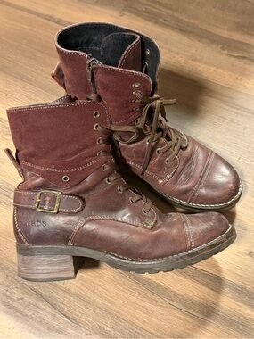 Taos Crave Burgundy Leather Lace Up Combat Boots Side Zip EU 40 US 9